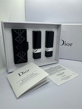 Dior Black Leather Lipstick Holder with Two Black Lacquer Cases